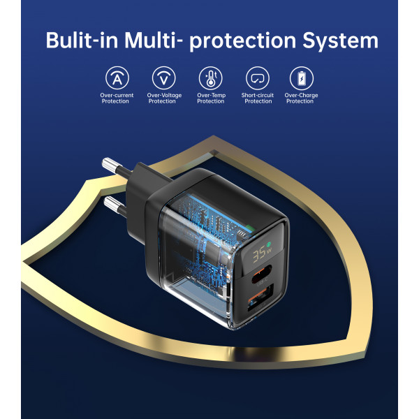 Мережевий зарядний пристрій Choetech (USB-C+USB-A) Black (PD6052-EU-BK)