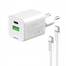 Мережевий зарядний пристрій ColorWay GaN Mini 20W PD Port PPS USB (Type-C PD + USB QC4.0) White (CW-CHS062PDC-WT) + кабель Type-C