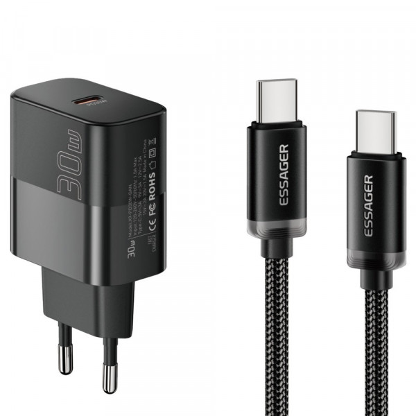 Мережевий зарядний пристрій Essager Travel Charger 30W USB-C Black (E30JSB1-SYTT1-T) + кабель USB Type-C