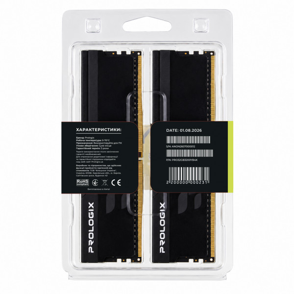 Модуль пам`ятi DDR4 2x16GB/3200 Prologix Onyx Black (PRO32GB3200YB4K)