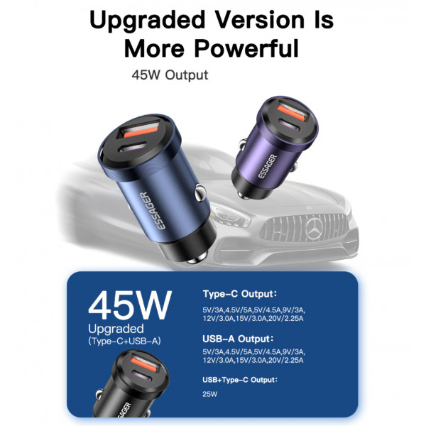Автомобільний зарядний пристрій Essager Gyroscope Mini Charger USB-A + Type-C 45W Black (ECCAC45-TL01-Z)