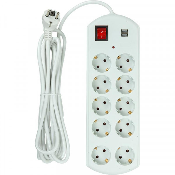 Фільтр живлення PowerPlant YS-N6065/5 (EX610556) 10 розеток, 2xUSB, 5 м, євростандарт, білий
