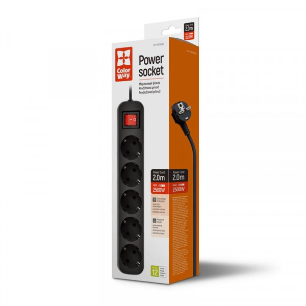 Фільтр живлення СolorWay (CW-PSEA52BK) 5 розеток, 2м, Black
