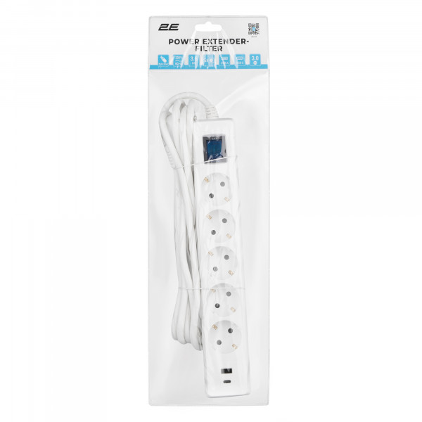 Мережевий фільтр 2E 5хSchuko, 1 х USB, 1 x USB-C, 3 м (2E-SP515M3USBWH)