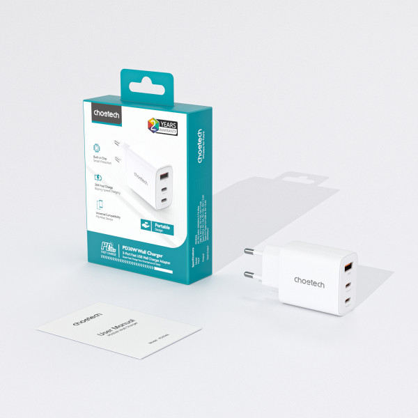 Мережевий зарядний пристрій Choetech (2хUSB-C+USB-A) White (PD3046-EU-WH)