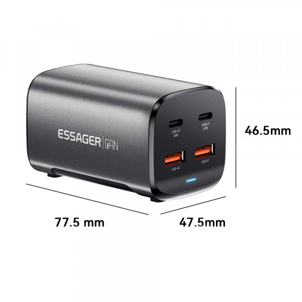 Мережевий зарядний пристрій Essager Collection 67W GaN (2xUSB-A, 2xUSB-C) Black (ECT2AC-JYB0G-Z)