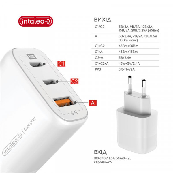 Мережевий зарядний пристрій Intaleo TCG65GAN 2USB-C PD+USB-A QC 3.0 White (1283126559525)