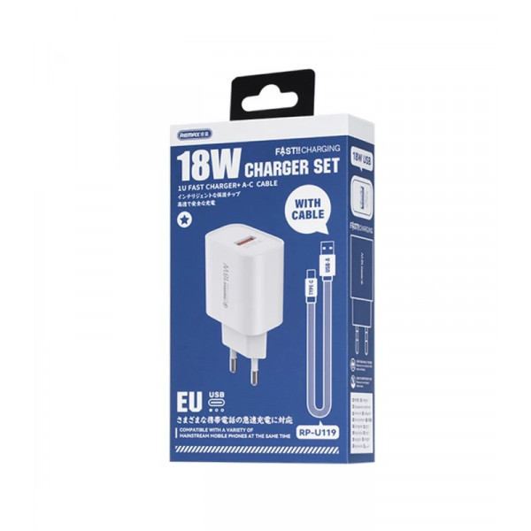 Мережевий зарядний пристрій Remax Kiddy Series 18W (1USB 2.1 А) White (RP-U119) + кабель USB Type-C