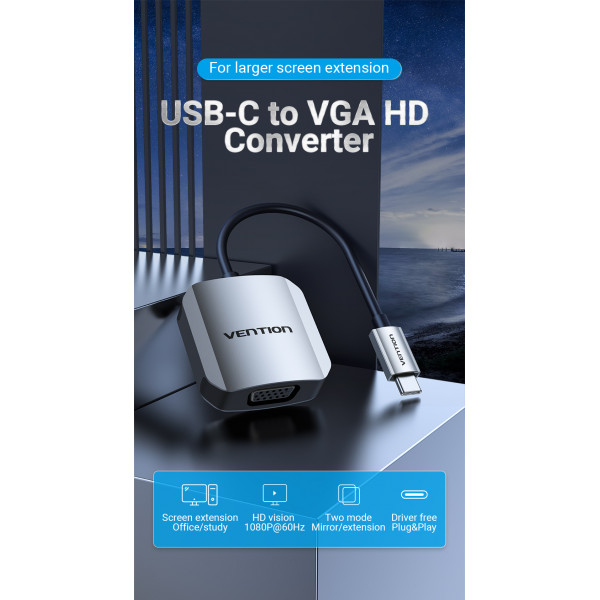 Перехідник Vention VGA - USB Type-C (F/M), 0.15 м (TDFHB)