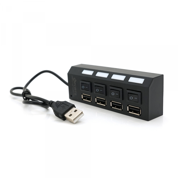 Хаб USB 2.0 4 порти з перемикачами на кожен порт, Black, 480Mbts High Speed, підтримка до 0,5ТВ, живлення від USB, Blister Q100