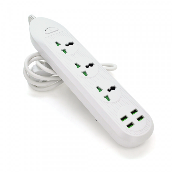 Мережевий фільтр ТВ-Т16mini, 3 розетки + 4 USB, 2 м, перетин 3х0, 75мм, 3000W, White, Box