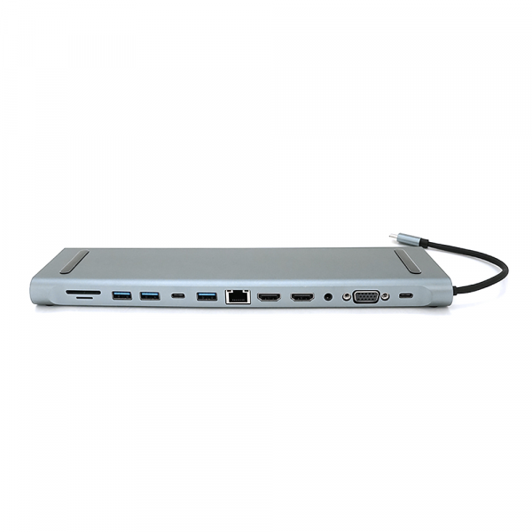 Хаб-конвертор 12 в 1 Type-C (тато) на Type-C(мама)+2*USB2.0(мама)+USB3.0(мама)+2*HDMI(мама)+VGA(мама)+SD/TF+RJ45+ jack3.5 (мама)+PD, 10cm, Silver, Box
