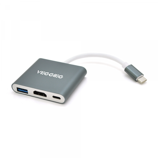 Хаб-конвертор VEGGIEG TC03 Type-C (тато) на Type-C (мама) + USB3.0 (мама) + HDMI (мама), 10 см, Silver, Box