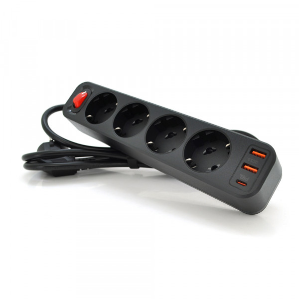 Мережевий фільтр HOCO NS1 на 4 розетки + 3 USB, 18W, 220В, Black