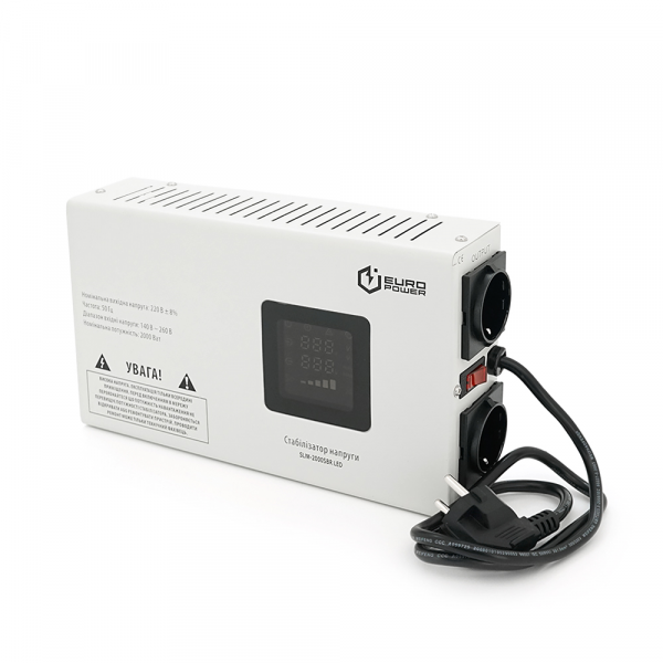 Стабілізатор напруги релейний настінного монтажу Europower SLIM-2000SBR LED, 2000VA 1400W, 140-270Vac, SHUKO 2, Q1