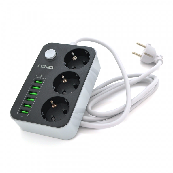 Мережевий фільтр LDNIO SE3631, 3 Розетки + 6 USB, 2 м, перетин 3х0,75мм, Black, Box