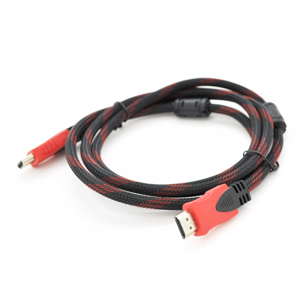Кабель Merlion HDMI-HDMI 1.8m, v1.4, OD-7.4mm, 2 фільтра, обплетення, круглий Black / RED, коннектор RED / Black, (Пакет), Q160