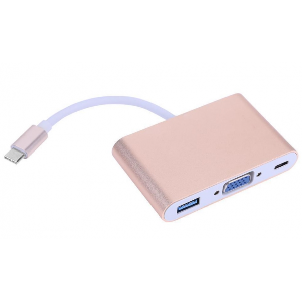 Конвертер Type-C (тато) на VGA (мама) + USB 3.0 (мама) + Type-C (мама) 10cm, GOLD, 4K / 2K Пакет