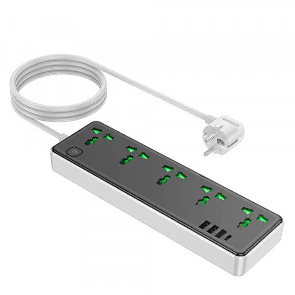 Мережевий фільтр HOCO AC13A на 5 розеток + 3 USB + USB-C, 17W, кабель 1,5 м, 220В, Black, Box