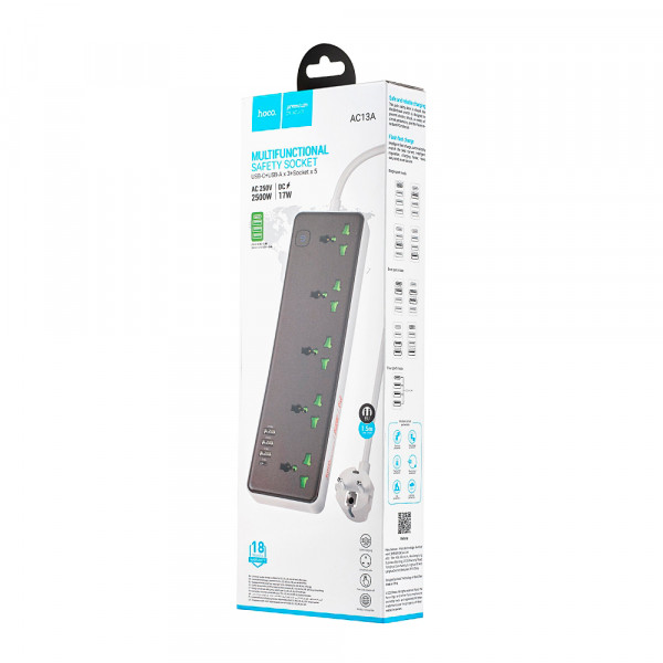 Мережевий фільтр HOCO AC13A на 5 розеток + 3 USB + USB-C, 17W, кабель 1,5 м, 220В, Black, Box