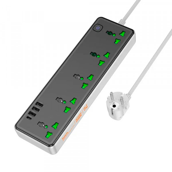 Мережевий фільтр HOCO AC13A на 5 розеток + 3 USB + USB-C, 17W, кабель 1,5 м, 220В, Black, Box