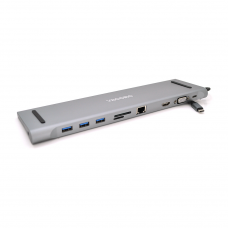 Хаб-конвертор VEGGIEG TC10 Type-C (тато) на Type-C (мама) + USB3.0 * 3 (мама) + HDMI (мама) + VGA (мама) + jack3.5 (мама) + SD / TF + RJ45, 10 см, Silver, Box