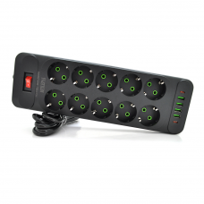 Мережевий фільтр F35U, 10 розеток EU + 4 USB + 2 PD, кнопка включення з індикатором, 2 м, 3х0,75 мм, 2500W, Black, Box