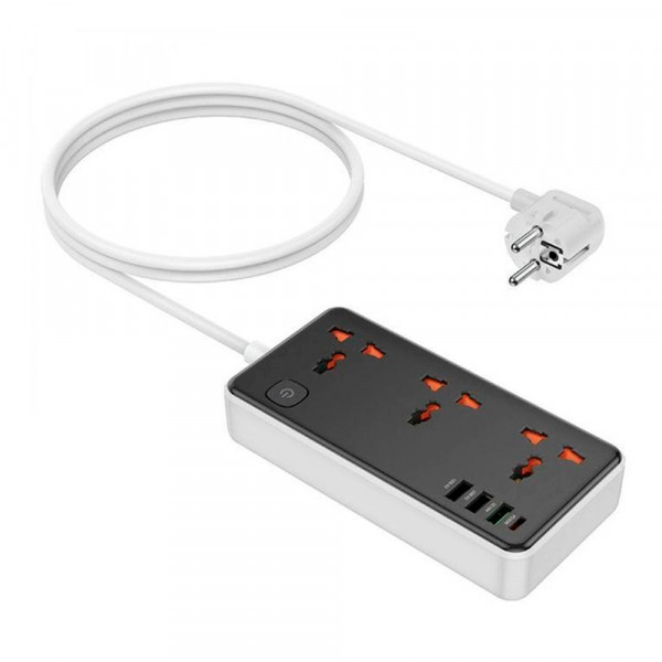 Мережевий фільтр HOCO AC8A на 3 розетки + 3 USB+USB-C, 30W, 220В, кабель 1,5м, Black / White, Box