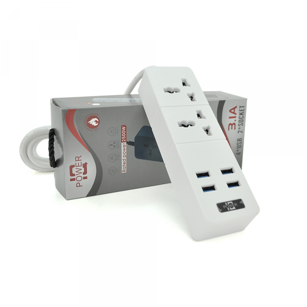 Мережевий фільтр ТВ-Т07, 2 розетки + 4 USB, 2 м, перетин 3х0,75мм, 2500W, White, Box