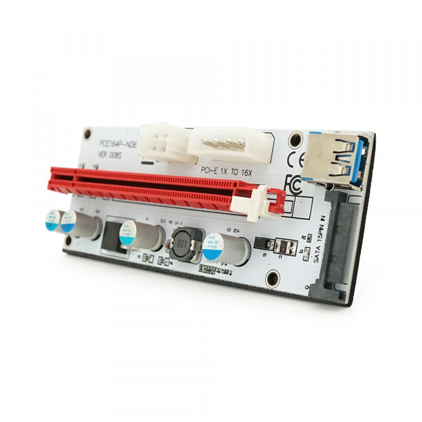Плата PCE164P-N09 (V008S-Plus) Riser PCI-EX, x1=>x16, USB 3.0, DC12V(Molex&PCI-E / 6pin), SATA / 15pin, конденсатори 270, VER008S,Пакет
