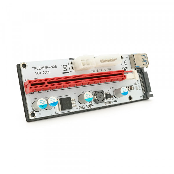 Плата PCE164P-N09 (V008S-Plus) Riser PCI-EX, x1=>x16, USB 3.0, DC12V(Molex&PCI-E / 6pin), SATA / 15pin, конденсатори 270, VER008S,Пакет