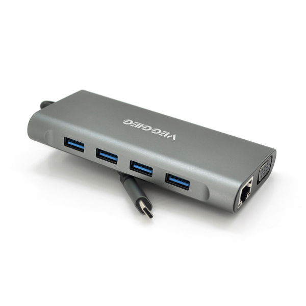 Хаб-конвертор VEGGIEG TC11-S Type-C (тато) на Type-C(мама) + USB3.0*3(мама) + HDMI(мама) + jack3.5(мама) + SD/TF + RJ45, 10 см, Silver, Box