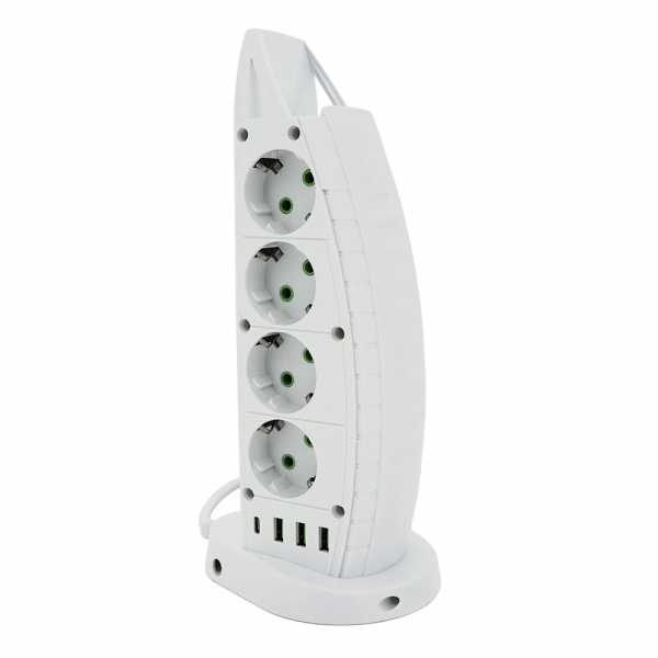 Мережевий фільтр F14, 8 розеток EU+3 USB+Type-C, кнопка включення з індикатором, 2 м, 3х0,75мм, 2500W, White, Box