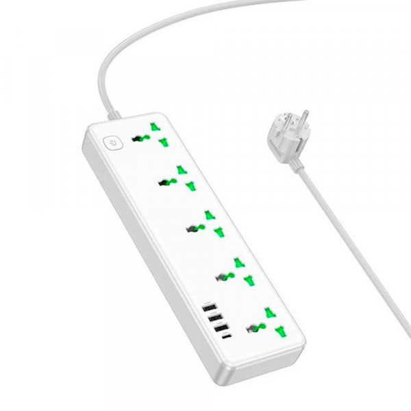 Мережевий фільтр HOCO AC13A на 5 розеток + 3 USB + USB-C, 17W, 220В, кабель 1,5м, White, Box