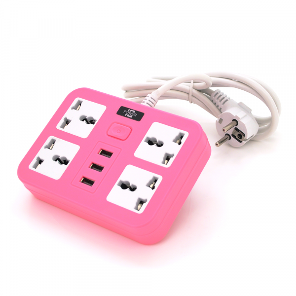Мережевий фільтр ТВ-Т15, 4 розетки + 3 USB, з перемикачем, 2 м, перетин 3х0, 75мм, 2500W, Pink, Box