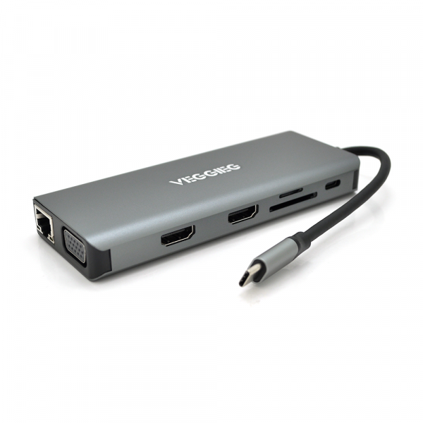 Хаб-конвертор VEGGIEG TC12 Type-C (тато) на Type-C (мама) + USB3.0*4(мама) + HDMI*2(мама) + VGA(мама) + SD/TF + RJ45, 10 см, Silver, Box