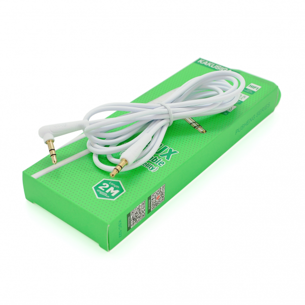 Кабель iKAKU KSC-522 PUSHENG AUX Audio DC3.5 тато-тато 2.0м, GOLD Stereo Jack, (круглий) White cable, Box
