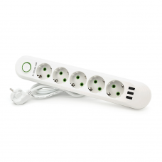 Мережевий фільтр F05U, 5 розеток EU + 3 USB, 1.5 м, перетин 3х0, 75мм, 2500W, White, Box