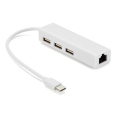 Контроллер Type-C to Ethernet Мережеий адаптер 10/100Mbps з проводом + 3 порти USB3.0, White, Blister-Box