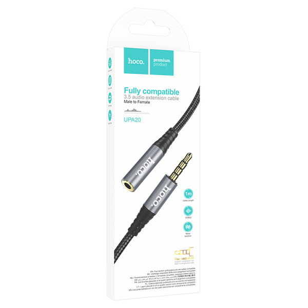 Подовжувач HOCO UPA20 DC3.5 тато-мама 1.0м, GOLD Stereo Jack, (круглий) Black cable, Box