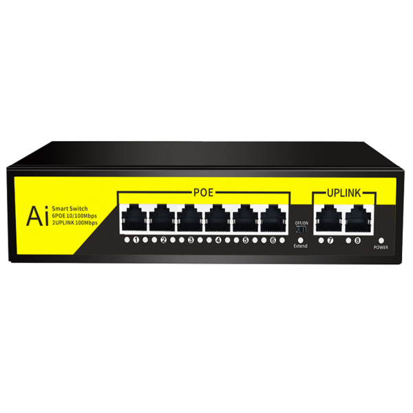 POE комутатор гігабітний Merlion 6 POE 10 / 100 / 1000 + 2 RJ45 10 / 100 / 1000 вбудований блок живлення 52V 2.3A