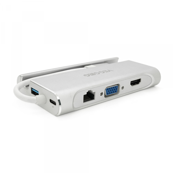 Хаб-конвертор VEGGIEG TC07-S Type-C (тато) на Type-C (мама) + USB3.0 * 3 (мама) + HDMI (мама) + RJ45, 10см, Silver, Box