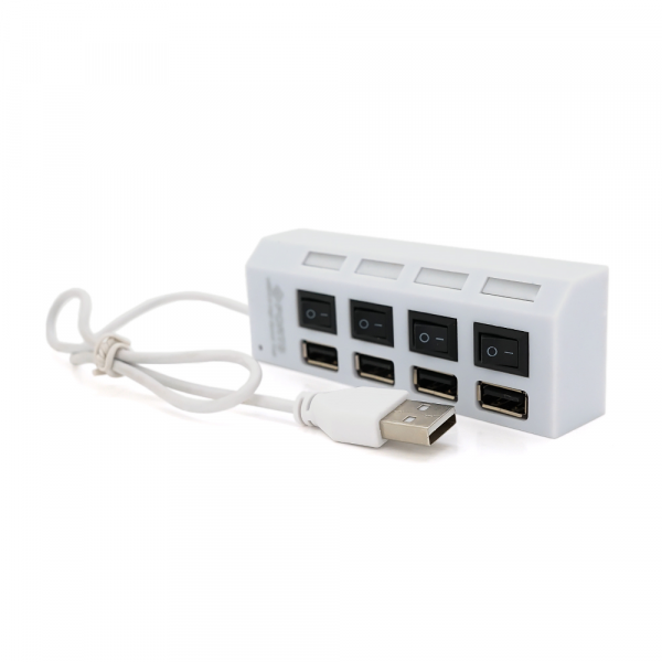 Хаб USB 2.0 4 порти з перемикачами на кожен порт, White, 480Mbts High Speed, підтримка до 0,5ТВ, живлення від USB, Blister Q100