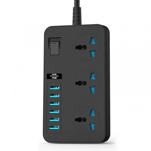 Мережевий фільтр ТВ-Т09, 3 розетки + 6 USB, 2 м, перетин 3х0,75мм, 3000W, Black-grey, Box