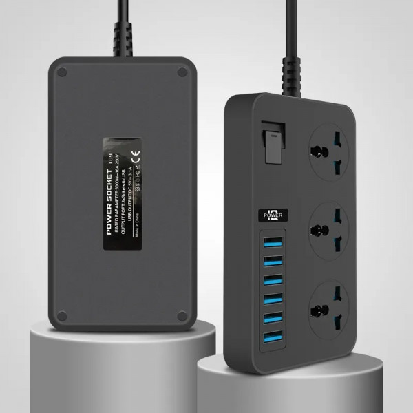 Мережевий фільтр ТВ-Т09, 3 розетки + 6 USB, 2 м, перетин 3х0,75мм, 3000W, Black-grey, Box