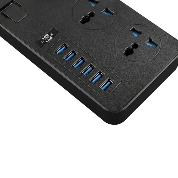 Мережевий фільтр ТВ-Т09, 3 розетки + 6 USB, 2 м, перетин 3х0,75мм, 3000W, Black-grey, Box
