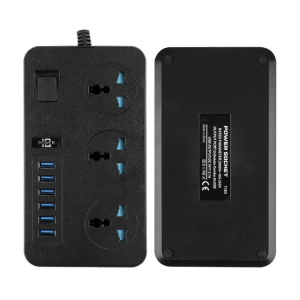 Мережевий фільтр ТВ-Т09, 3 розетки + 6 USB, 2 м, перетин 3х0,75мм, 3000W, Black-grey, Box