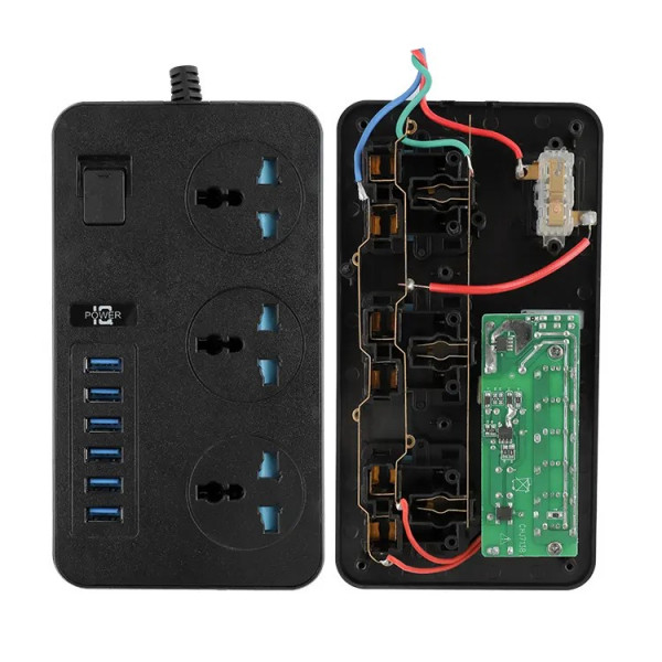 Мережевий фільтр ТВ-Т09, 3 розетки + 6 USB, 2 м, перетин 3х0,75мм, 3000W, Black-grey, Box