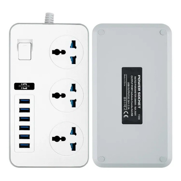 Мережевий фільтр ТВ-Т09, 3 розетки + 6 USB, 2 м, перетин 3х0,75мм, 3000W, White-grey, Box