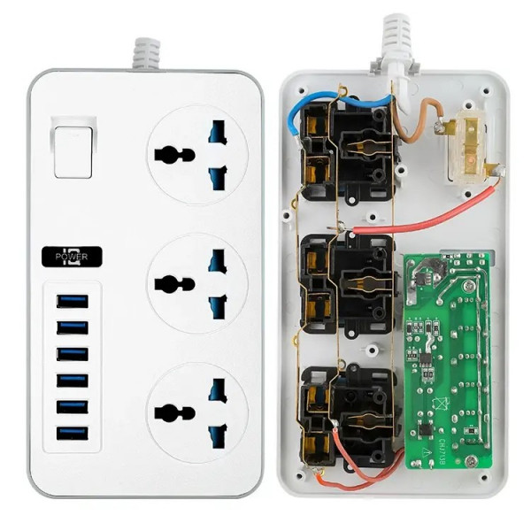 Мережевий фільтр ТВ-Т09, 3 розетки + 6 USB, 2 м, перетин 3х0,75мм, 3000W, White-grey, Box